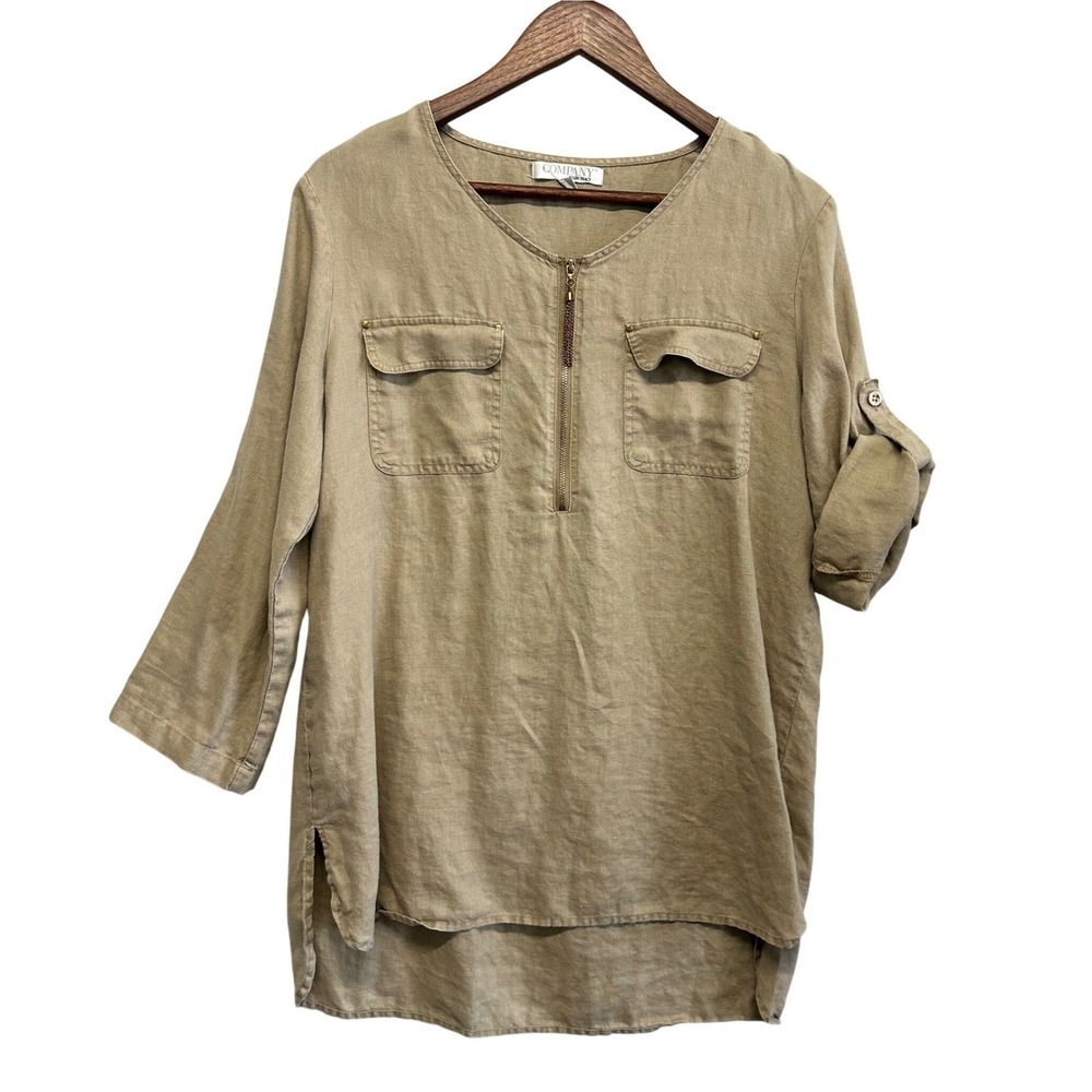 Ellen Tracy 100% Linen Womens Sz M Tunic Top Beige Minimalist Lagenlook Roll Tab